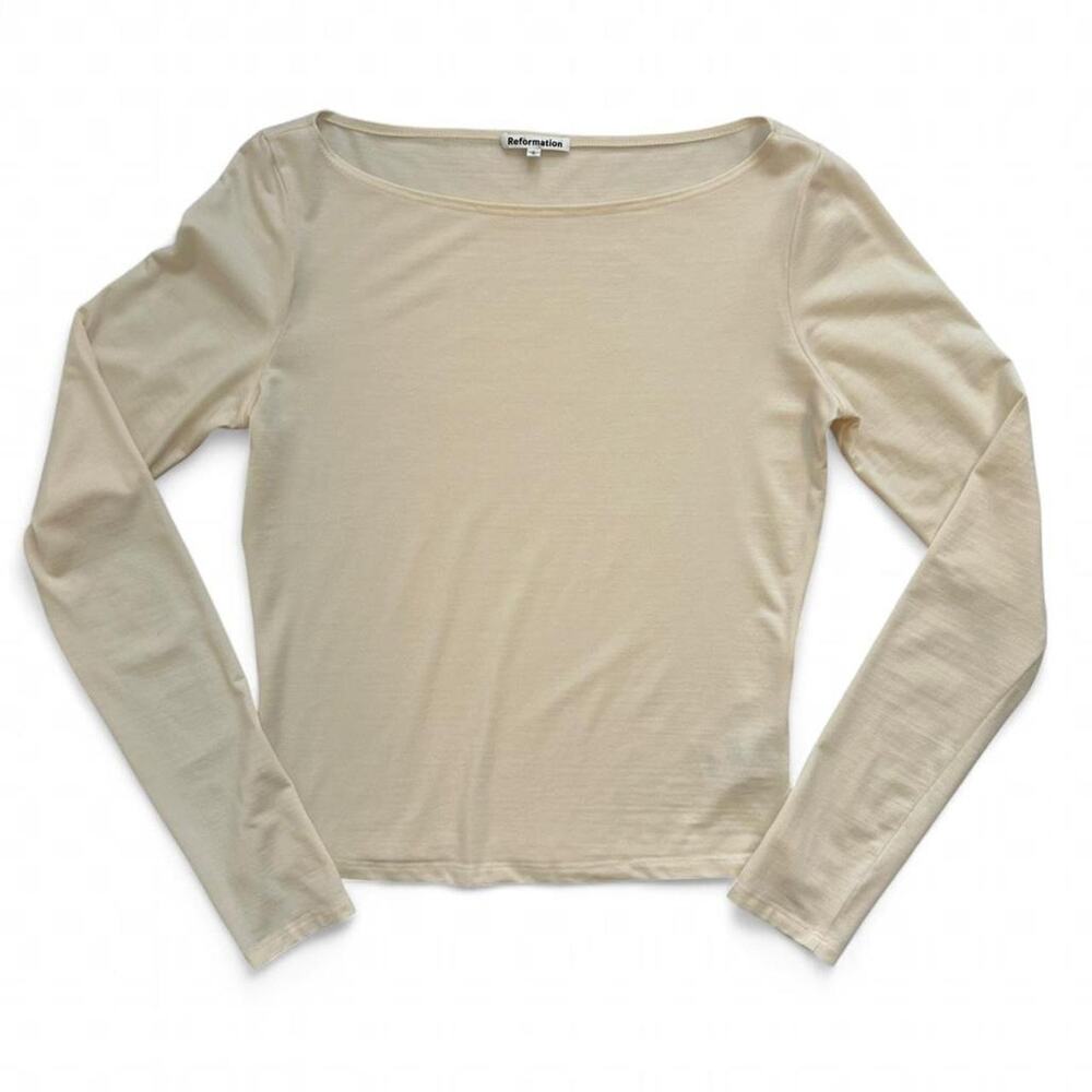 Reformation Wiley Knit Top Long Sleeve Boat Neck Cream Large